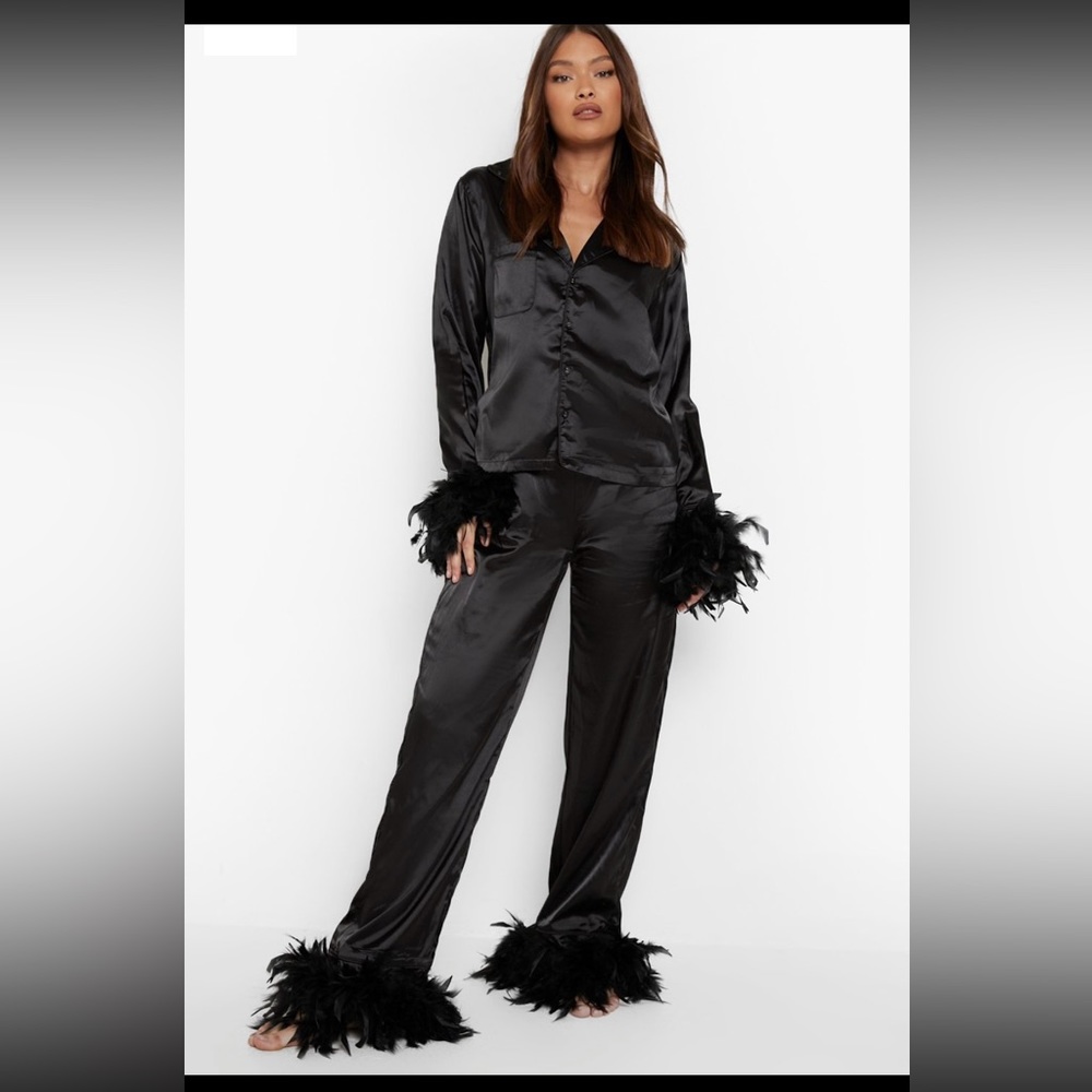 Black silk, feather trim pajamas